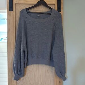 Free People Gray Crew Neck Sweater with Puff Sleeves